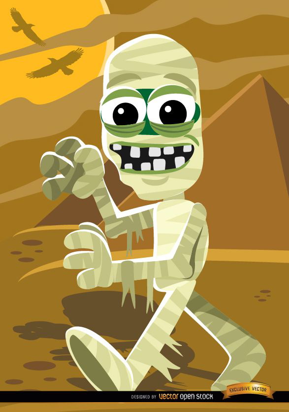 Personaje de dibujos animados de momia de Halloween con pirámide