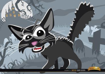 Gato assustador de desenho animado no cemitério de fundo de Halloween