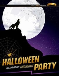 Pôster de Halloween com uivo de lobo lua cheia
