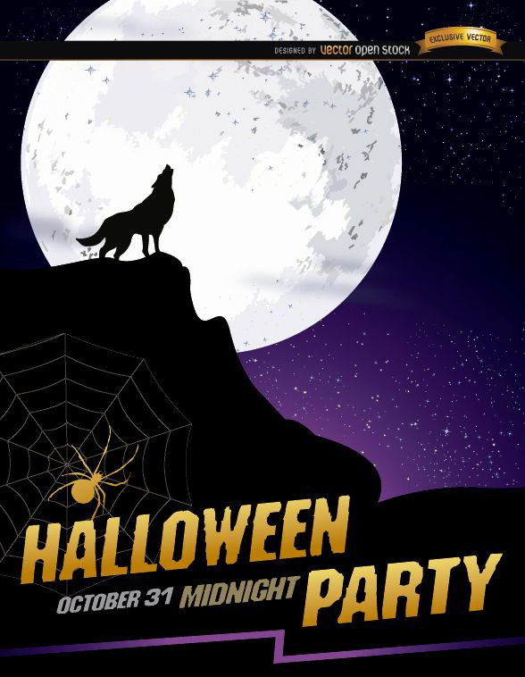 P?ster de Halloween com uivo de lobo lua cheia