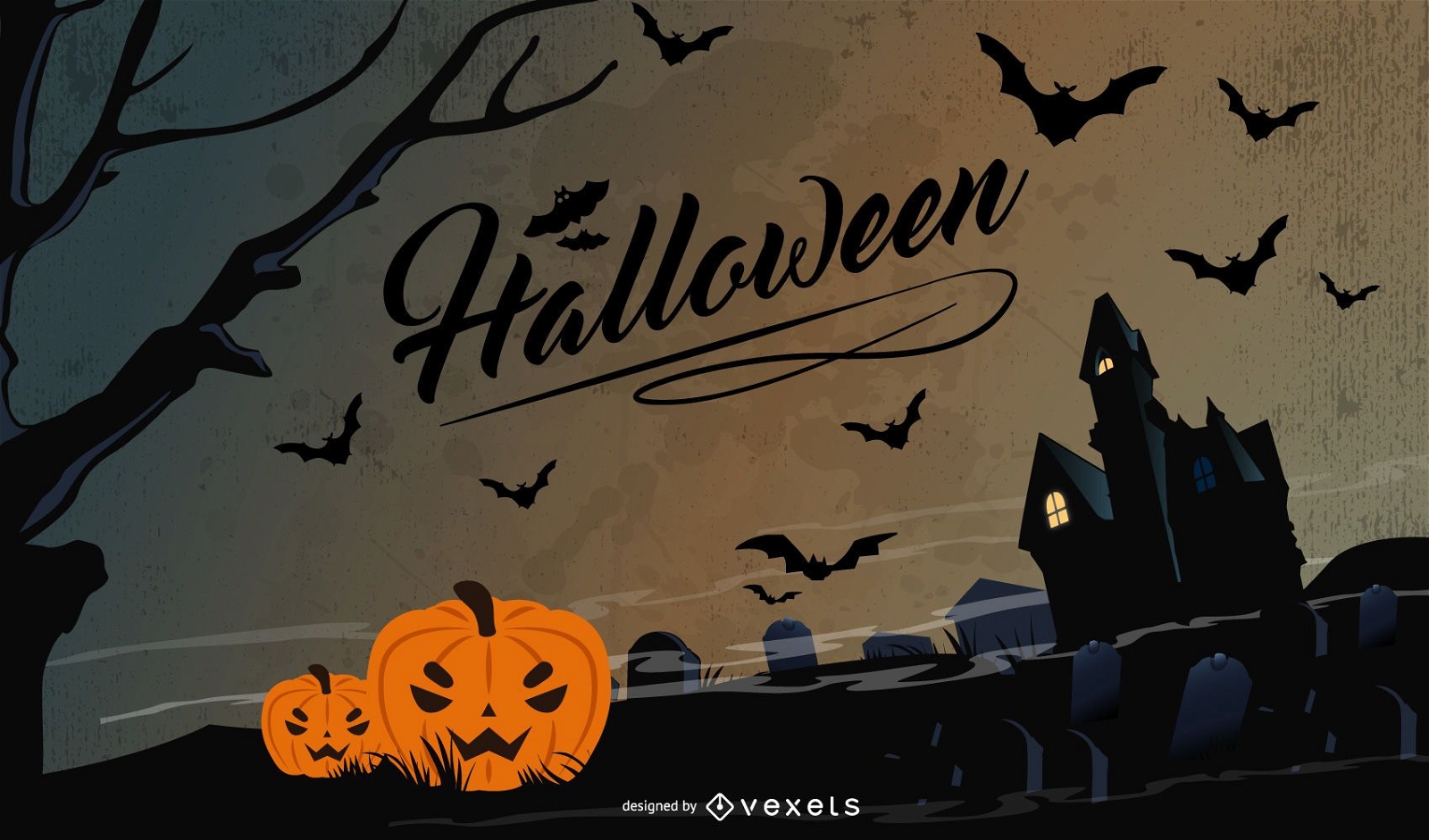 Creepy Pumpkin & Bats Halloween Night Background