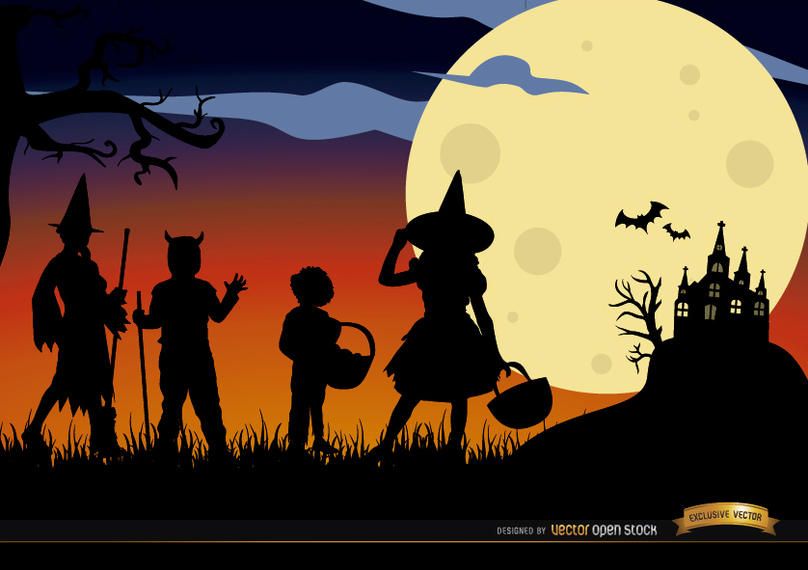 Halloween children disguised silhouettes background Halloween children disguised silhouettes background