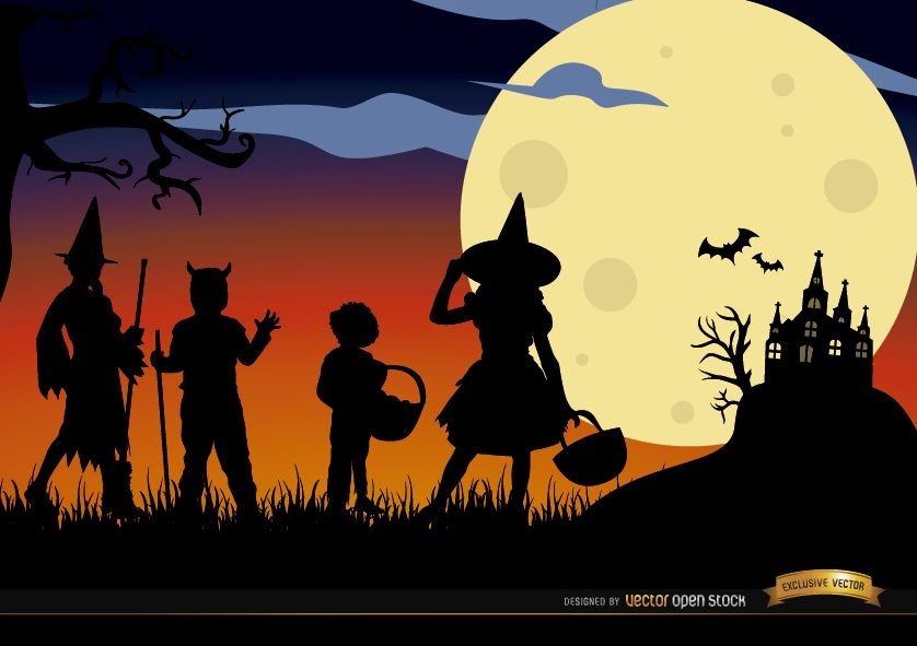 Halloween children disguised silhouettes background