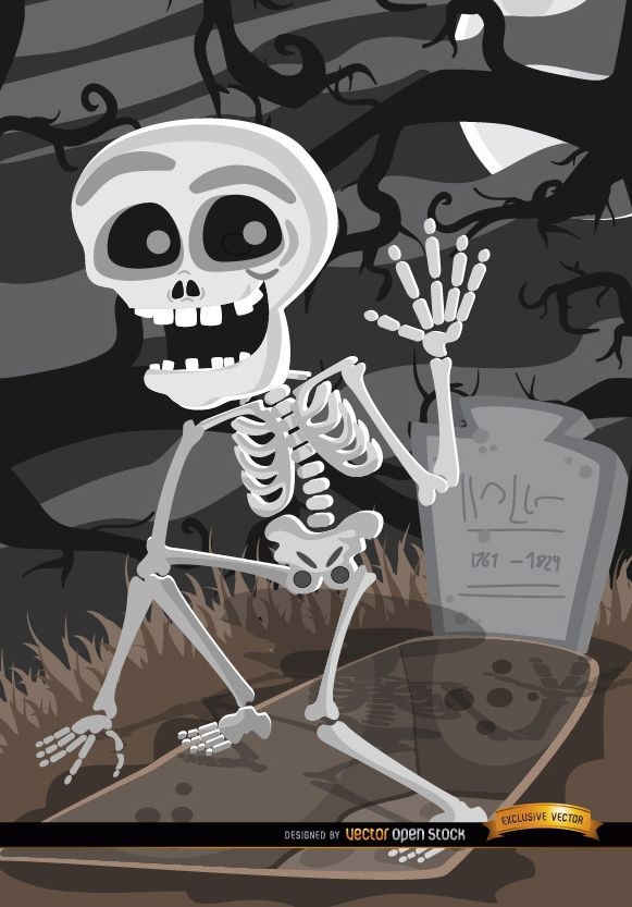 Karikatur Skelett Grab Friedhof