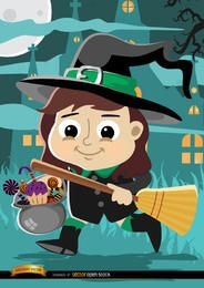 Fantasia de bruxa garota de desenho animado de Halloween