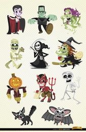 Conjunto de personagens de desenhos animados de Halloween