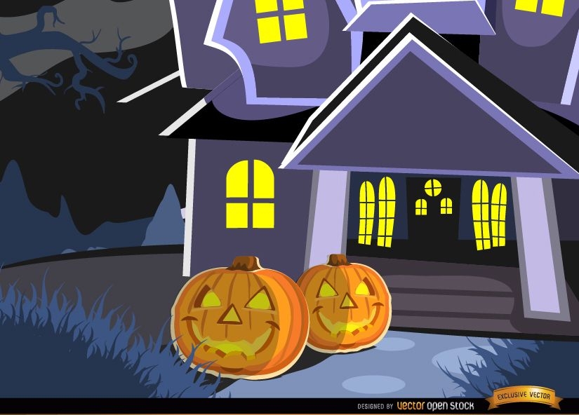 Haunted mansion and pumpkins background