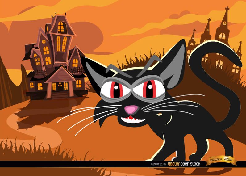 Gato preto e fundo de mansão assombrada Gato preto e fundo de mansão assombrada