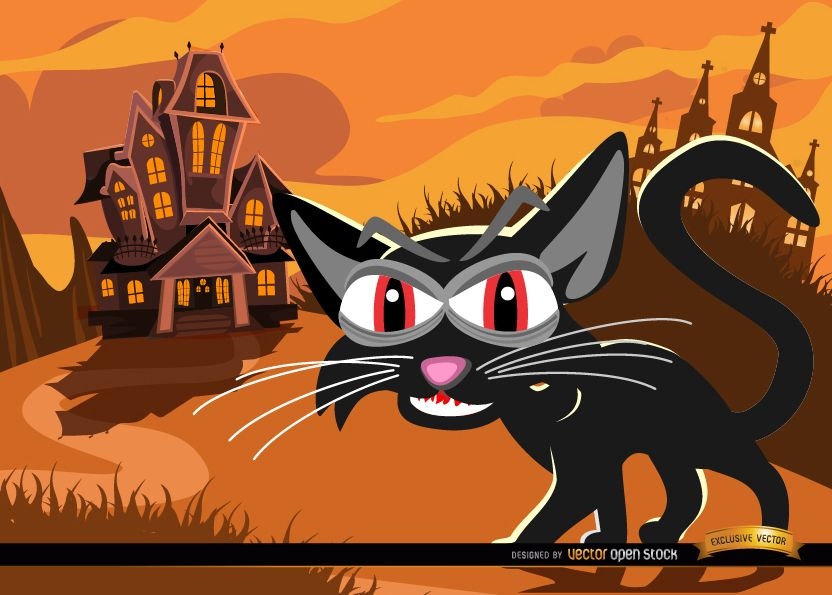 Black cat and haunted mansion background
