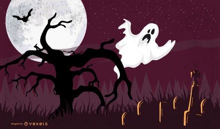 Pôster de Halloween com fantasma na árvore morta