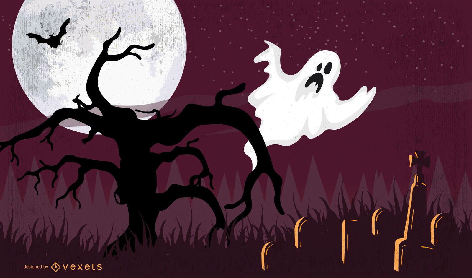 Ilustração de Halloween com fantasma na árvore morta