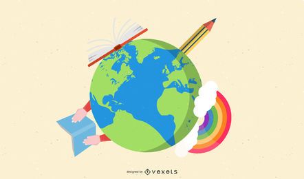 Grüner Planet mit Bleistift & Buch herum