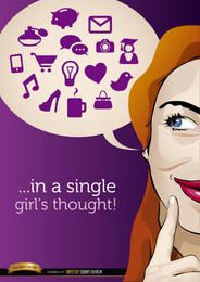 Woman thought cloud with icons Woman thought cloud with icons