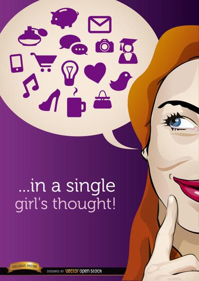 Woman thought cloud with icons Woman thought cloud with icons