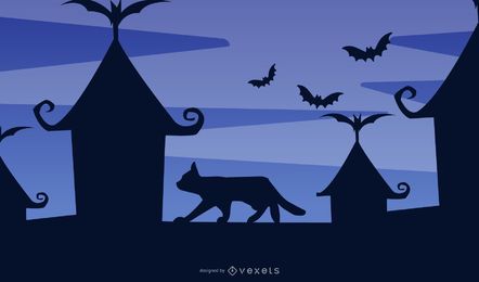 Gato sentado en el fondo de la colina cazado de Halloween Gato sentado en el fondo de la colina cazado de Halloween