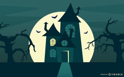 Casa e árvores caçadas de Halloween com cemitério