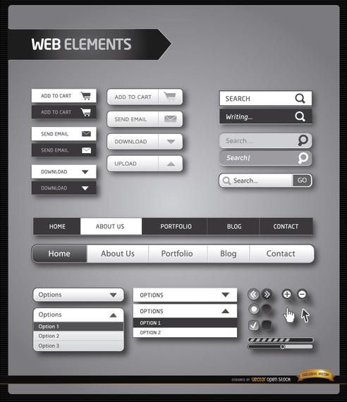 Website menu elements black and white Website menu elements black and white