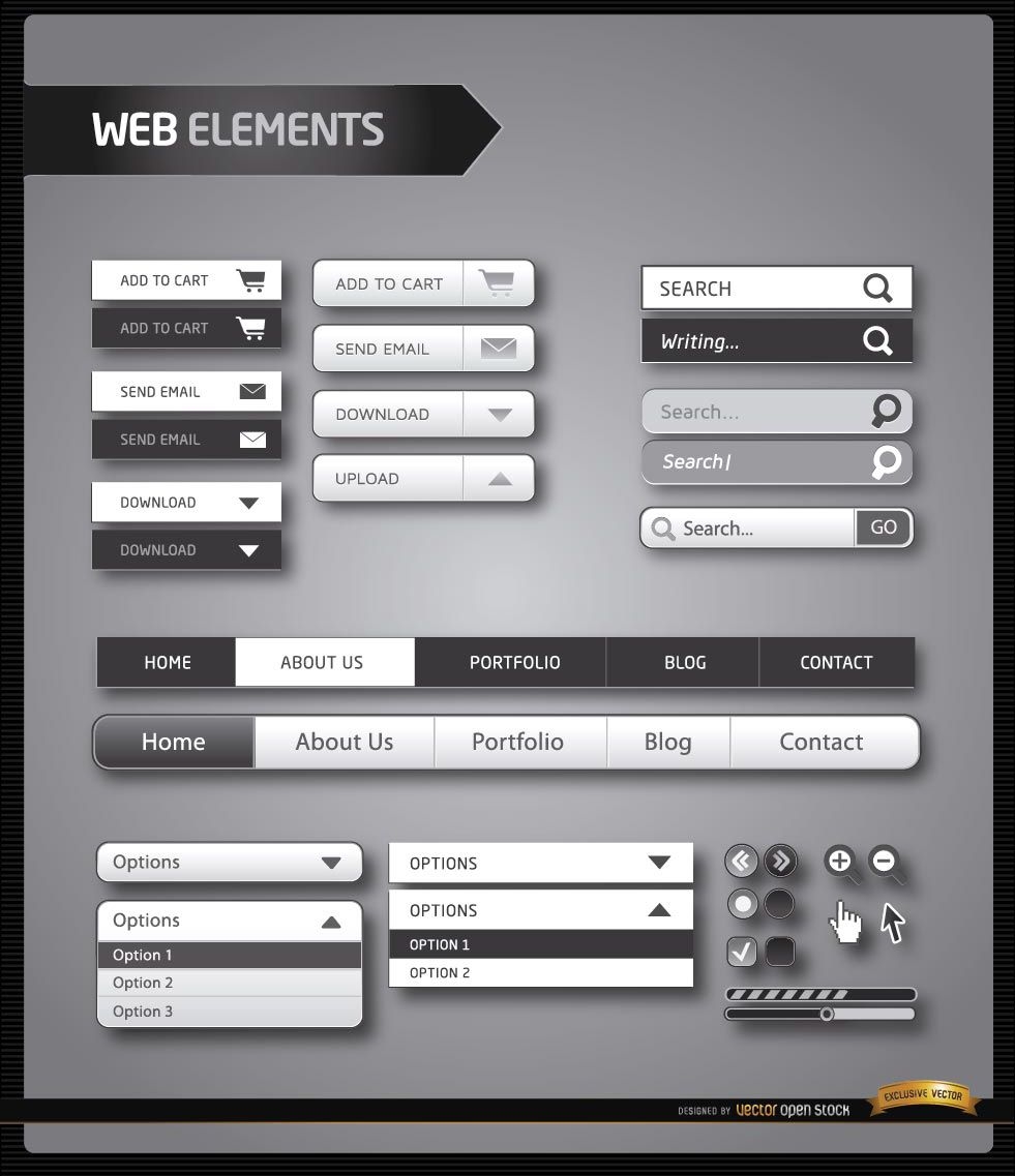 Elementos do menu do site em preto e branco