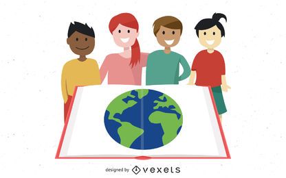 Group Studying Kids with Globe in Open Book Group Studying Kids with Globe in Open Book