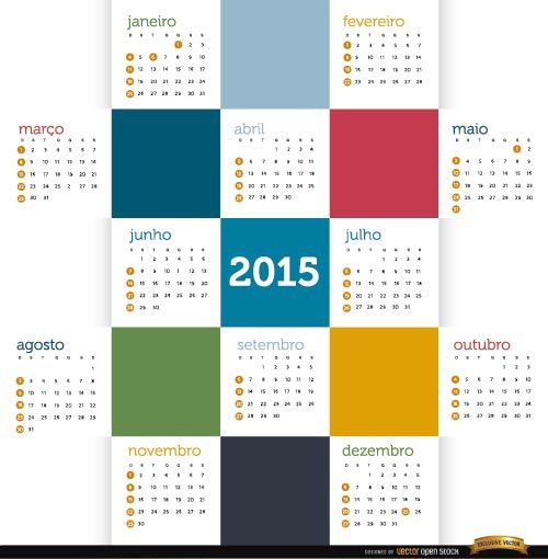 Calendario 2015 cuadrados de colores portugu?s