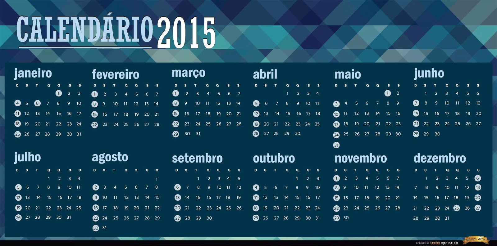Polygonaler blauer Kalender 2015 Portugiesisch