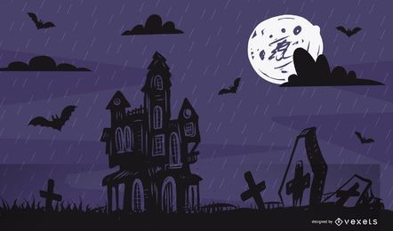 Ilustração de Halloween caçada pela lua cheia