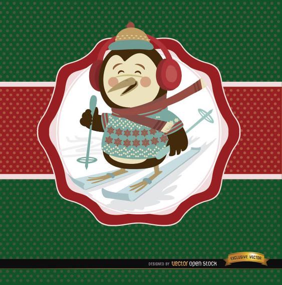 Christmas penguin ski label background Christmas penguin ski label background