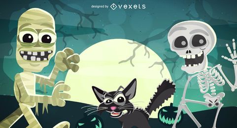 Funky Halloween Poster with Skeleton, Mummy & Cats Funky Halloween Poster with Skeleton, Mummy & Cats