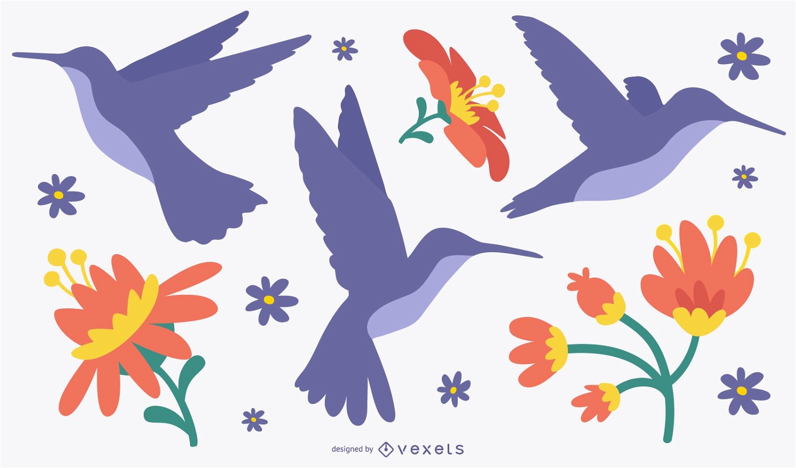Flaches Design von Vögeln und Blumen