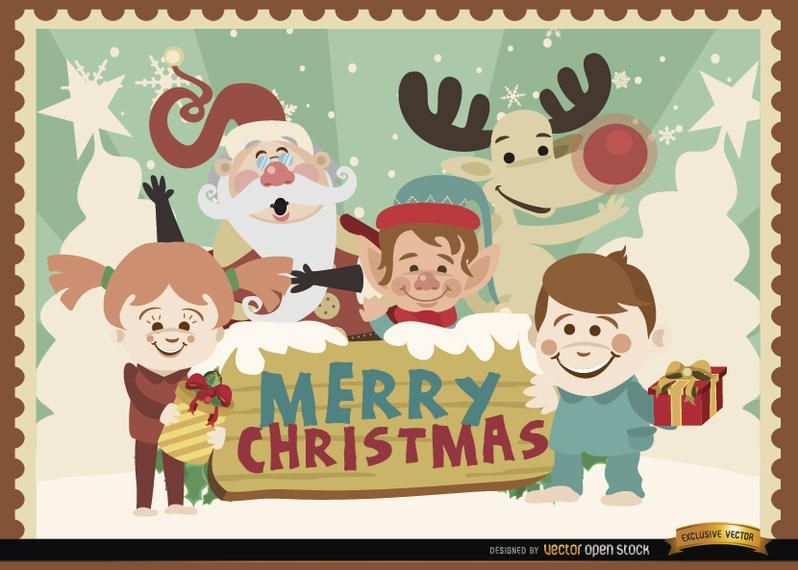 Merry Christmas Cartoon Characters Background - Vector Download