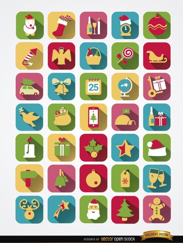 35 coloridos iconos de Navidad cuadrados