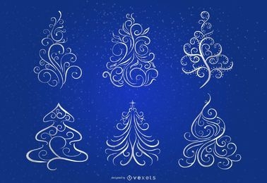 Swirling Floral 6 Christmas Trees on Blue Background