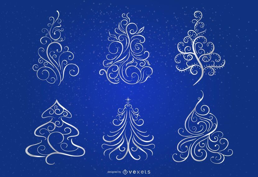 Remolinos florales 6 árboles de Navidad sobre fondo azul Remolinos florales 6 árboles de Navidad sobre fondo azul