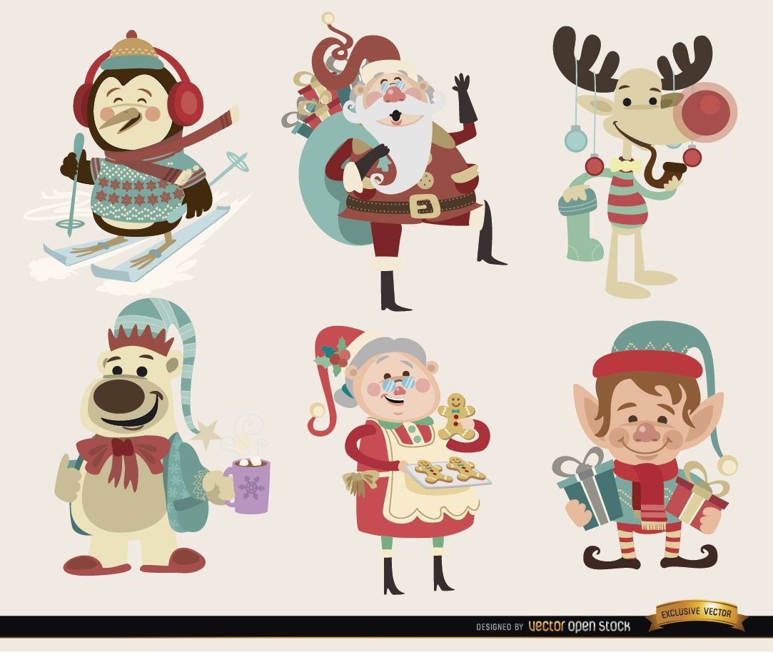 6 Christmas Cartoon Characters Vector Download