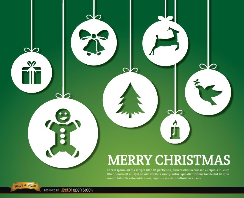 Frohe Weihnachten hängende Ornamente Hintergrund