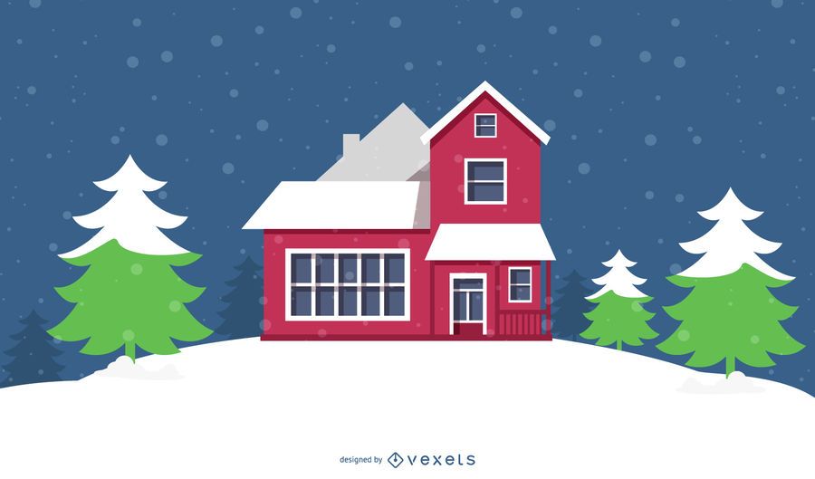 Casa de nieve con árboles de Navidad y copos de nieve Casa de nieve con árboles de Navidad y copos de nieve