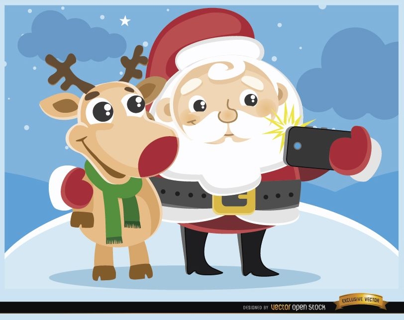 Cartoon Santa and reindeer selfie