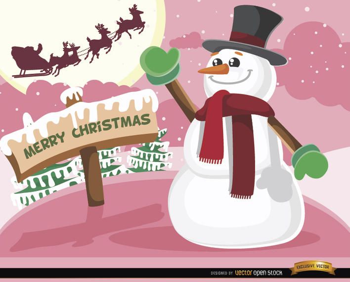 Christmas snowman waving Santa sleigh Christmas snowman waving Santa sleigh