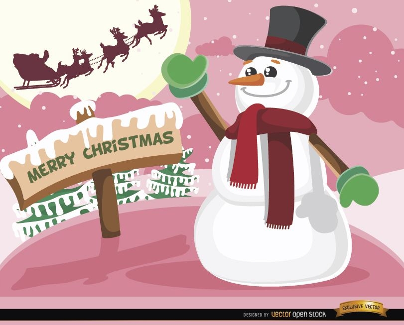 Christmas snowman waving Santa sleigh