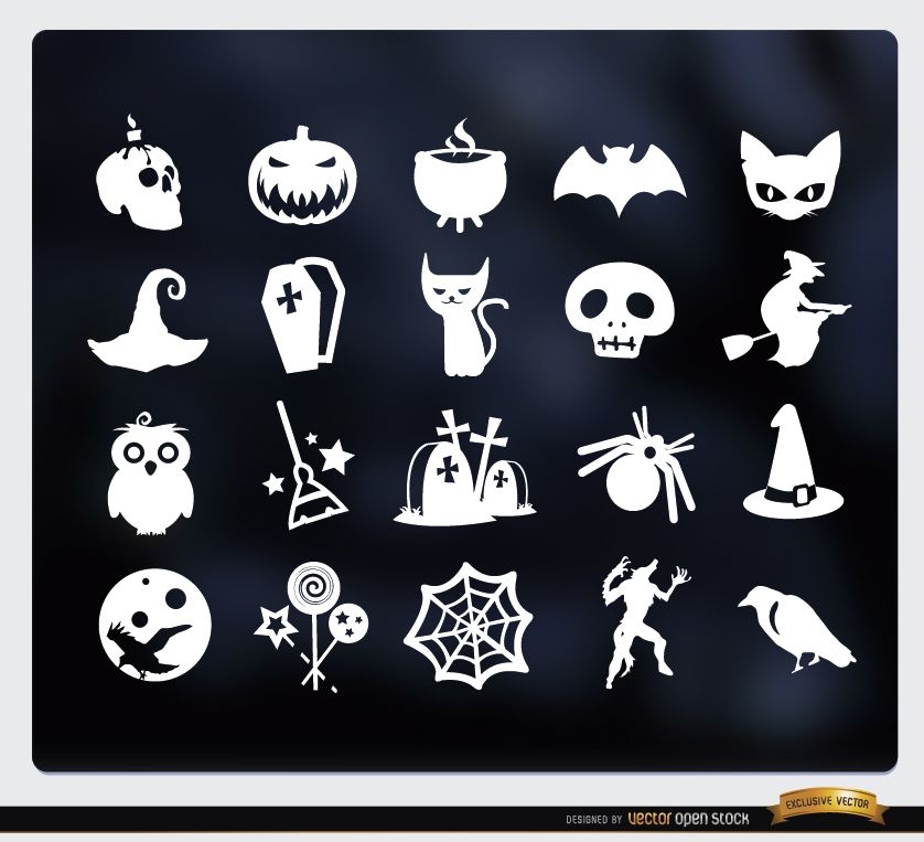 20 Halloween white flat icons set