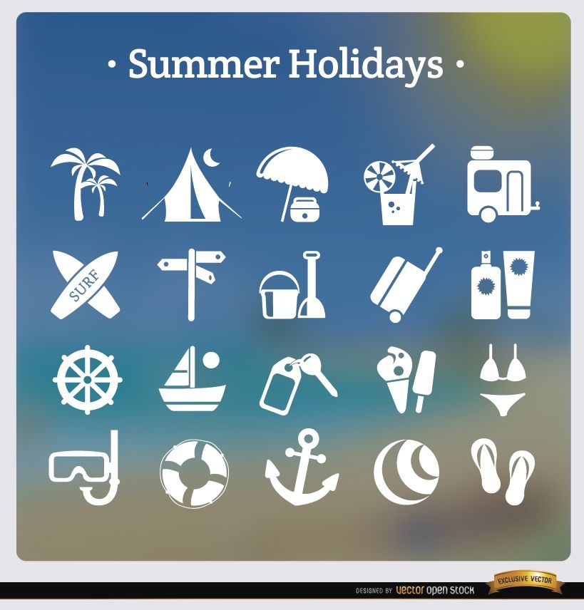 20 ícones brancos de férias de verão