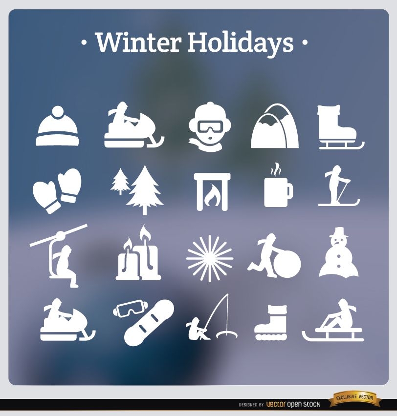 20 iconos blancos de vacaciones de invierno