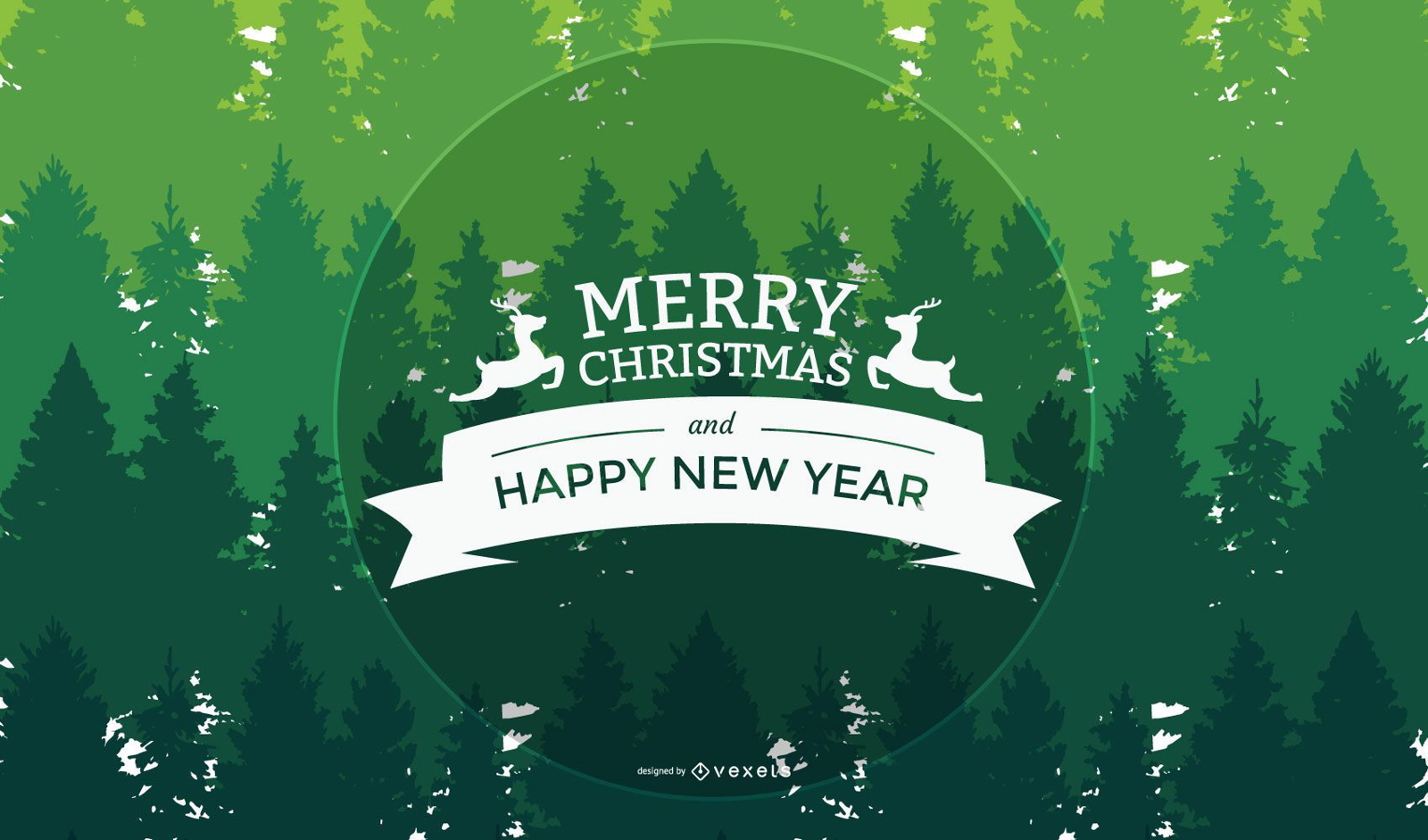Saudação de Natal e Ano Novo em fundo de árvores verdes