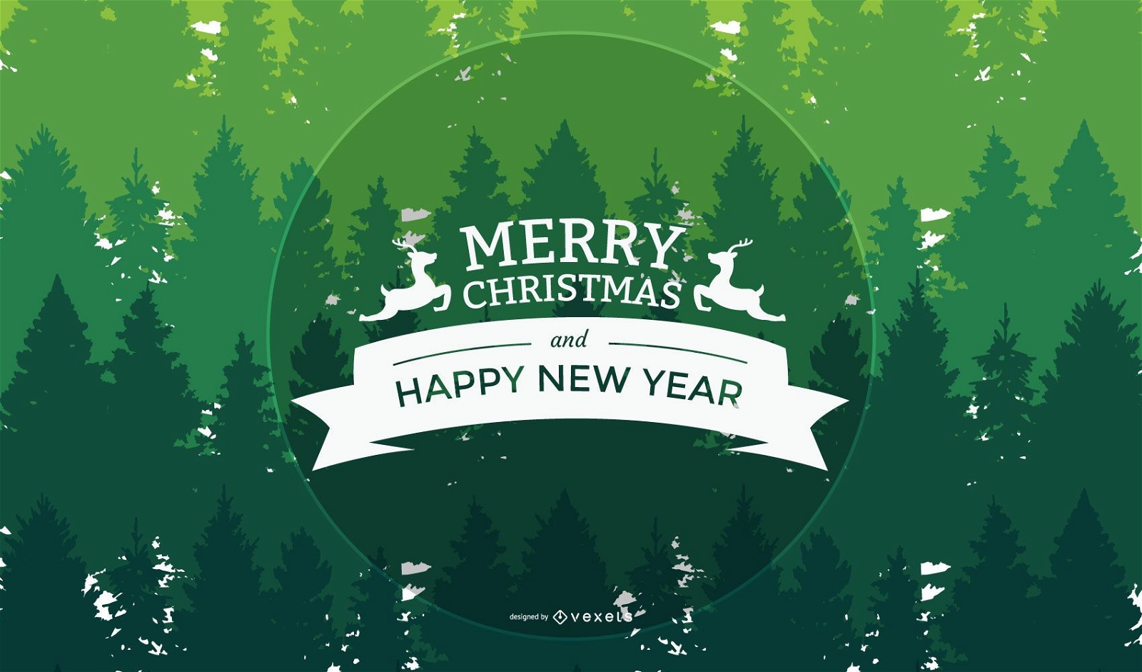 Xmas & New Year Greeting on Green Trees Background