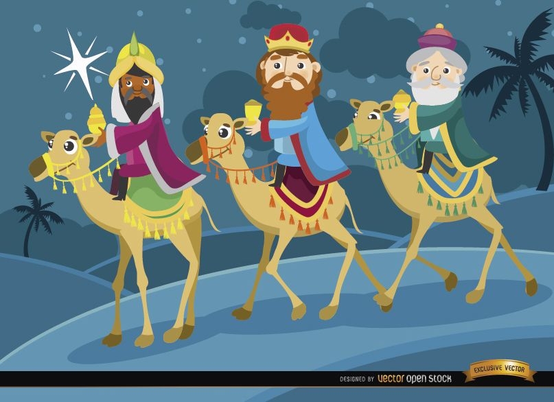 Three wise men journey camels