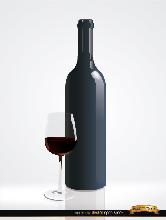 Vidrio y botella de vino tinto simple