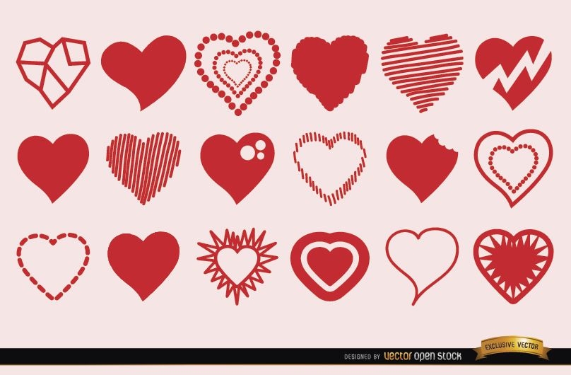 18 Herzsymbole in verschiedenen Stilen