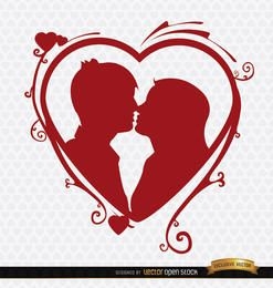 Kissing couple heart swirls background