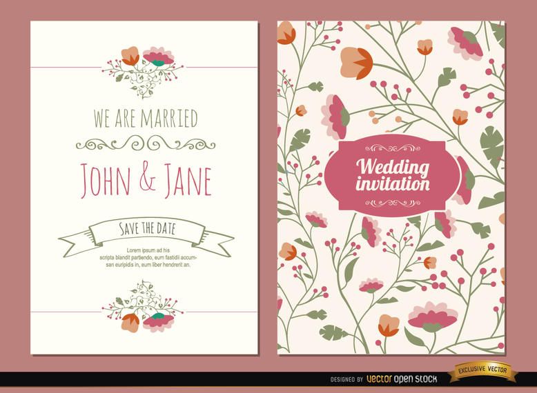 2 invitaciones de boda con flores. 2 invitaciones de boda con flores.