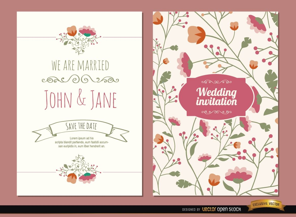 2 Wedding invitations with flowers
